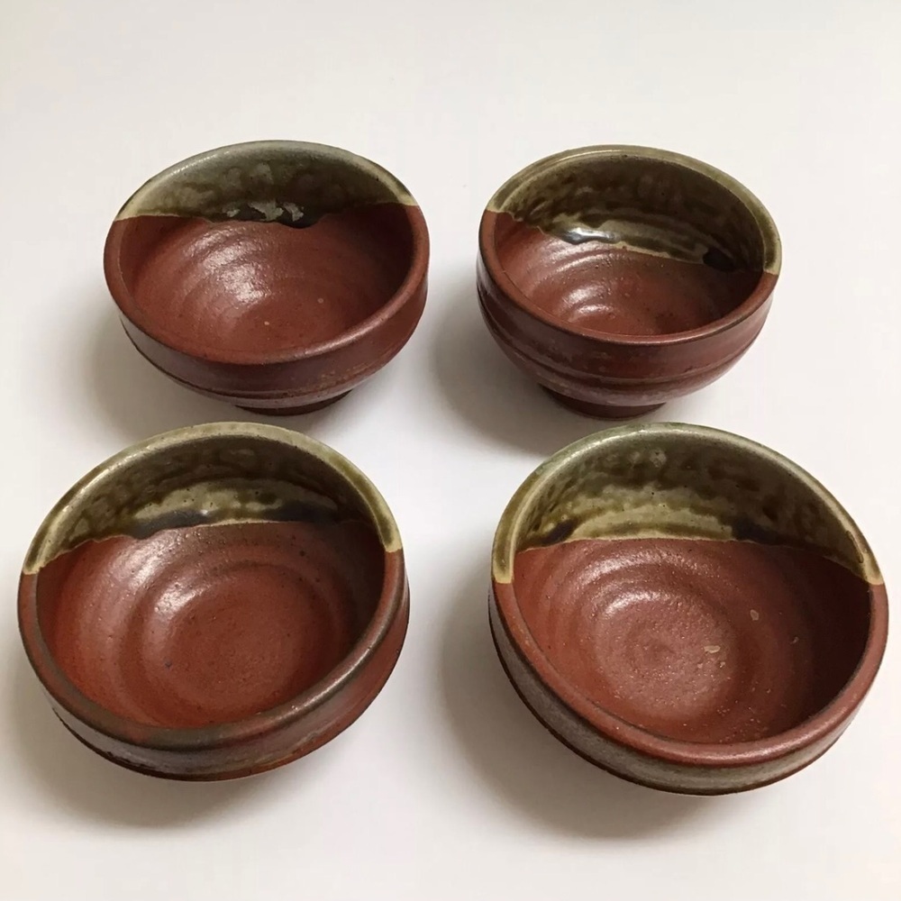 Studio Art Pottery SET OF 4 Japanese Tea Bowls Cups Matcha Rust Glazed Handmade